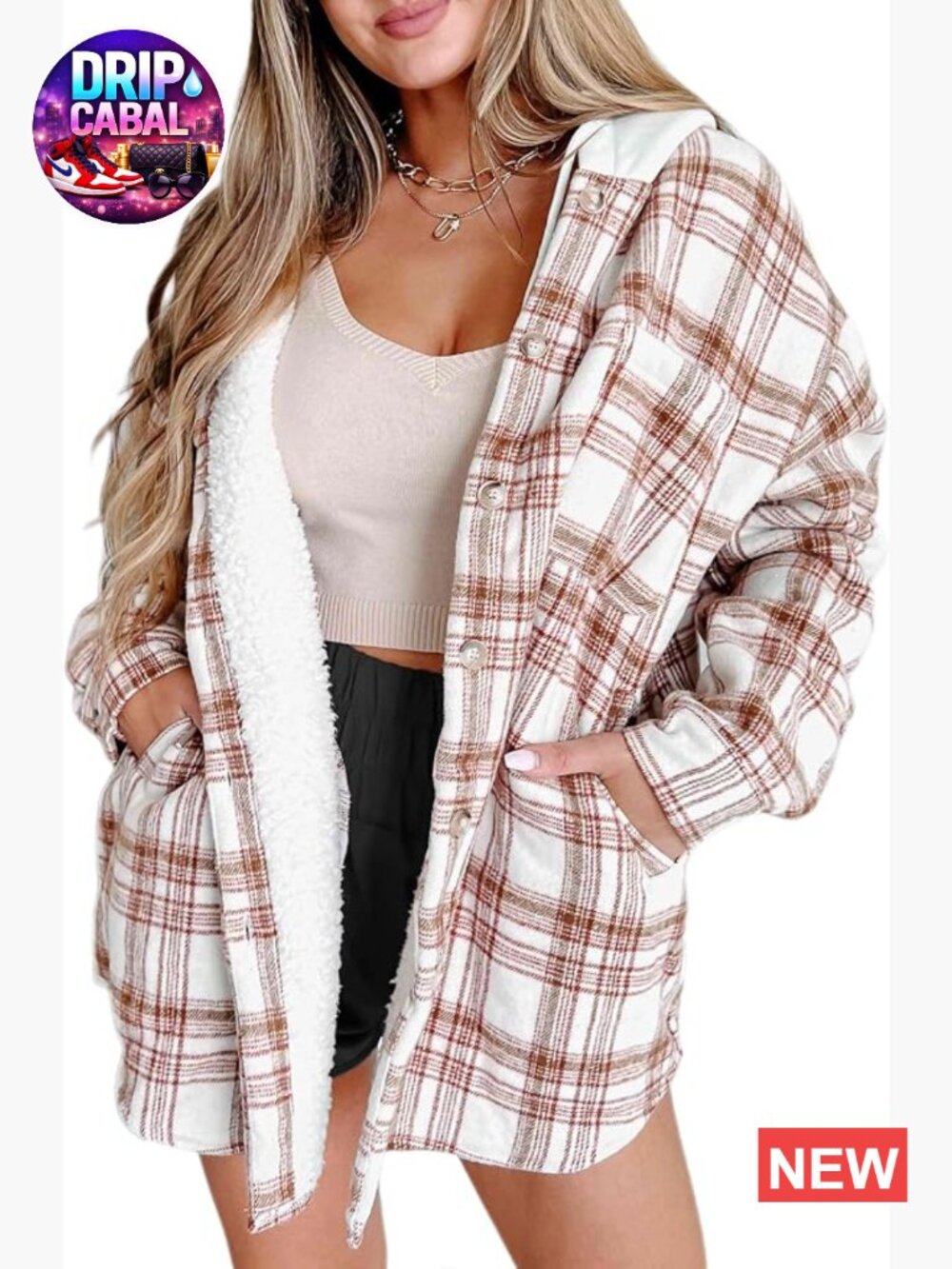 Womens Sherpa Lined Flannel Shacket Jacket Oversized Fleece Hooded